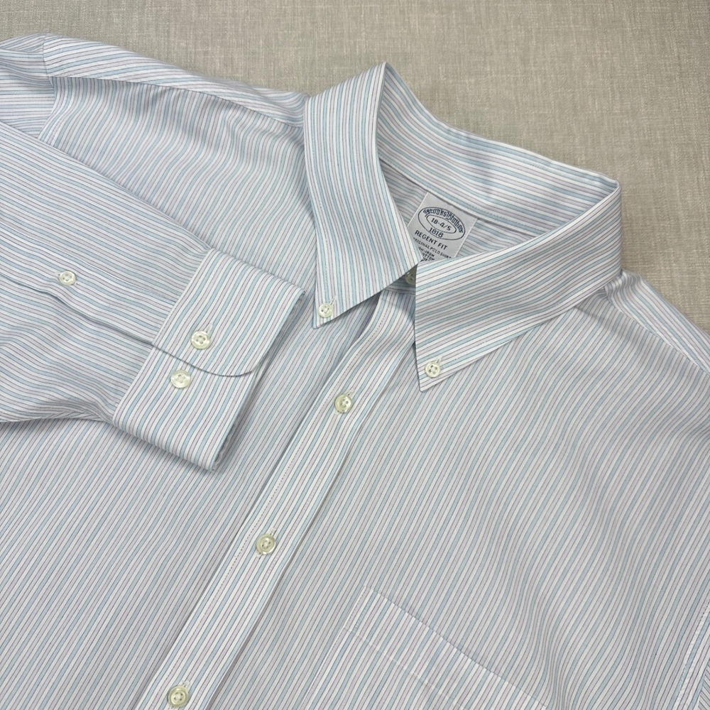Brooks Brothers Dress Shirt Men 18 4/5 Blue Pinstripe Regent Fit Non-Iron Cotton